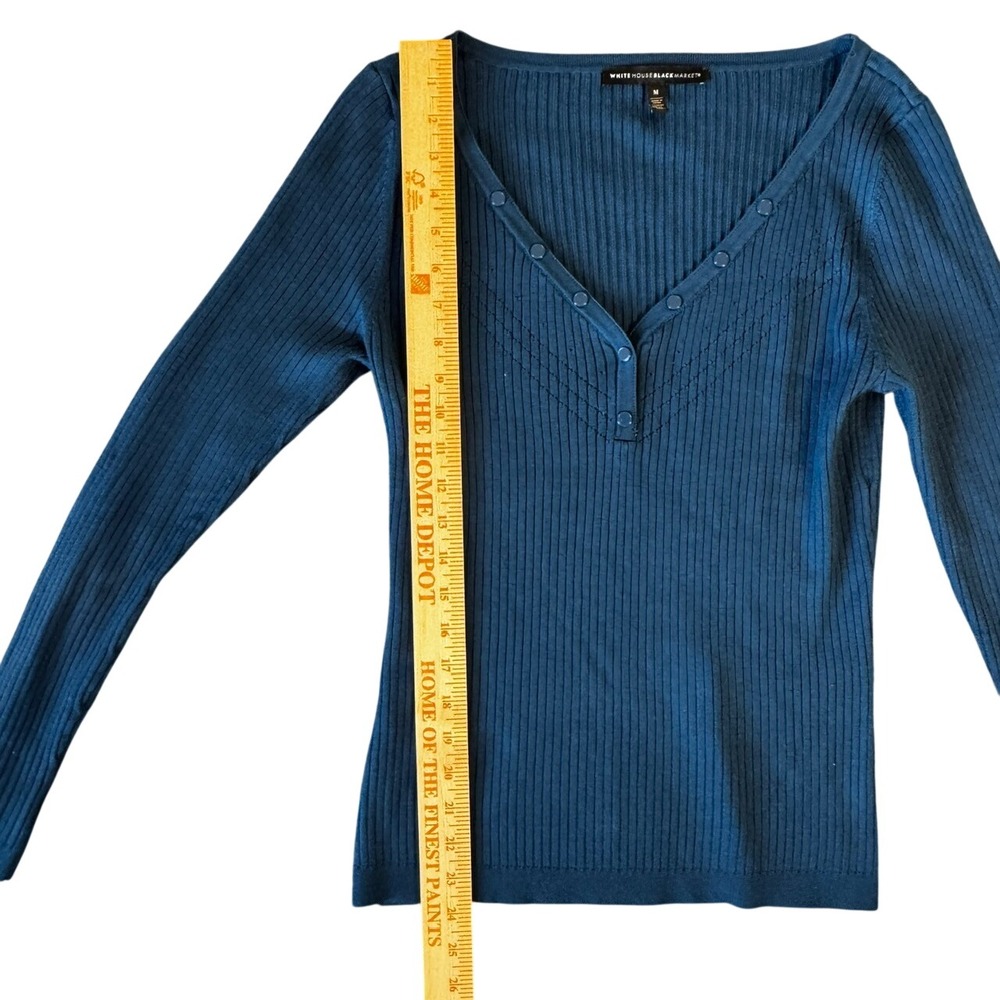 White House Black Market WHBM Size M Teal Ribbed Henley Sweater Pointelle V-Neck - Picture 4 of 6